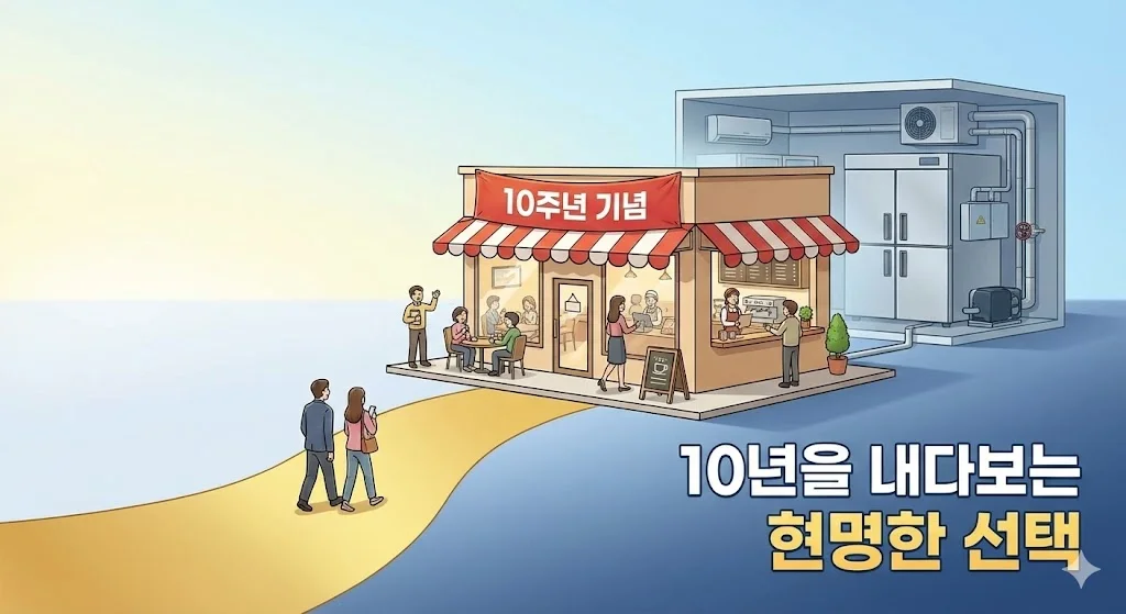 10년 후 번창하는 매장과 그 기반이 되는 내구성 좋은 냉장 설비를 보여주는 성공적인 미래 일러스트