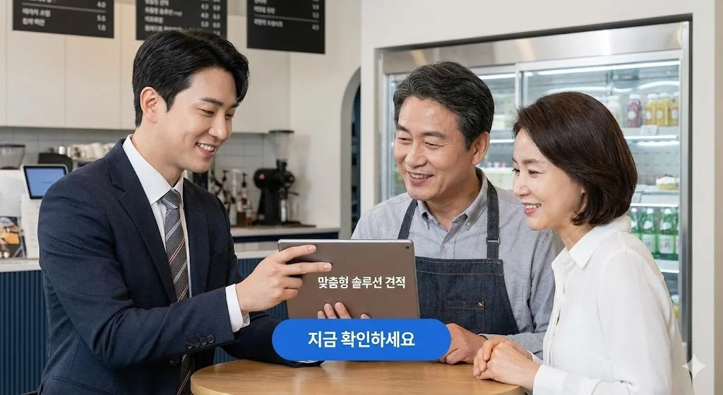 전문 컨설턴트가 매장 점주 부부에게 태블릿으로 맞춤형 솔루션 견적을 보여주며 상담하는 모습