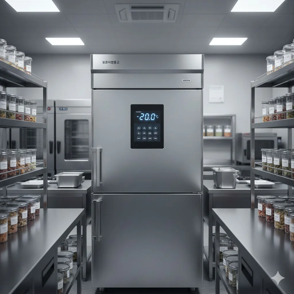전문 주방에 설치된 세련된 스테인리스 외관의 프리미엄 보존식 냉동고 이미지.