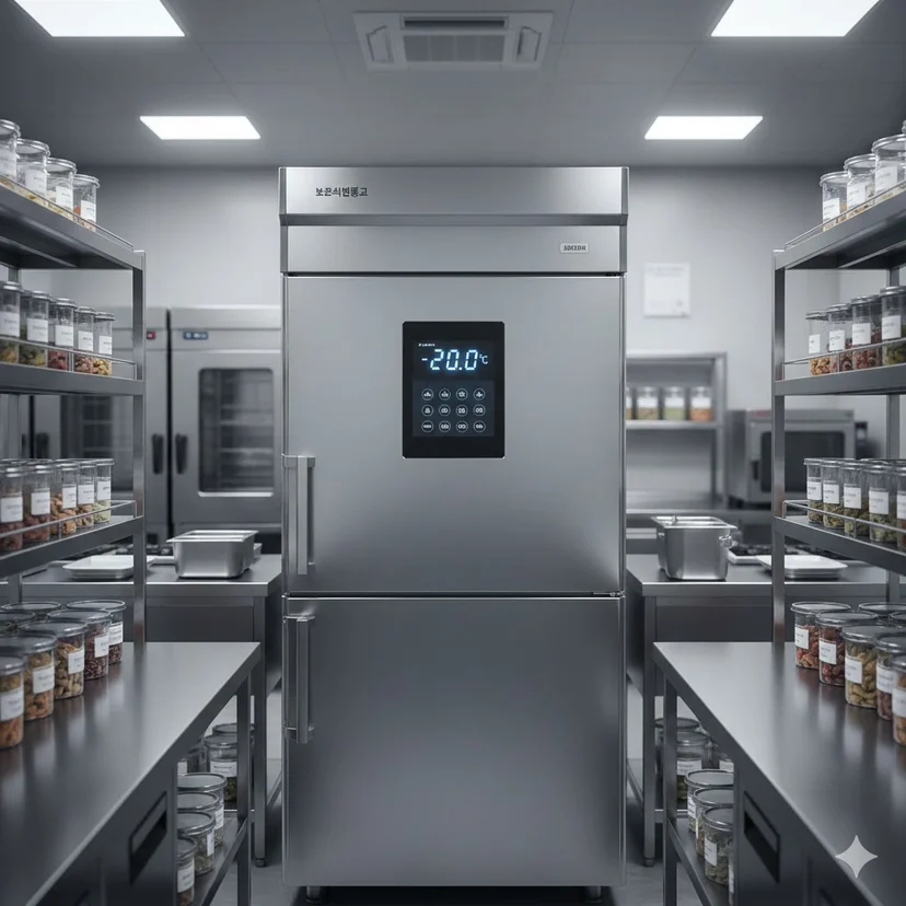 전문 주방에 설치된 세련된 스테인리스 외관의 프리미엄 보존식 냉동고 이미지.