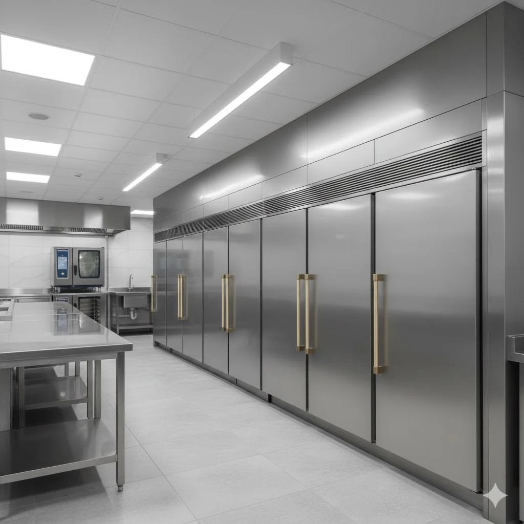 주방 인테리어와 조화를 이루는 매립형 고급 보존식 냉동고 행렬