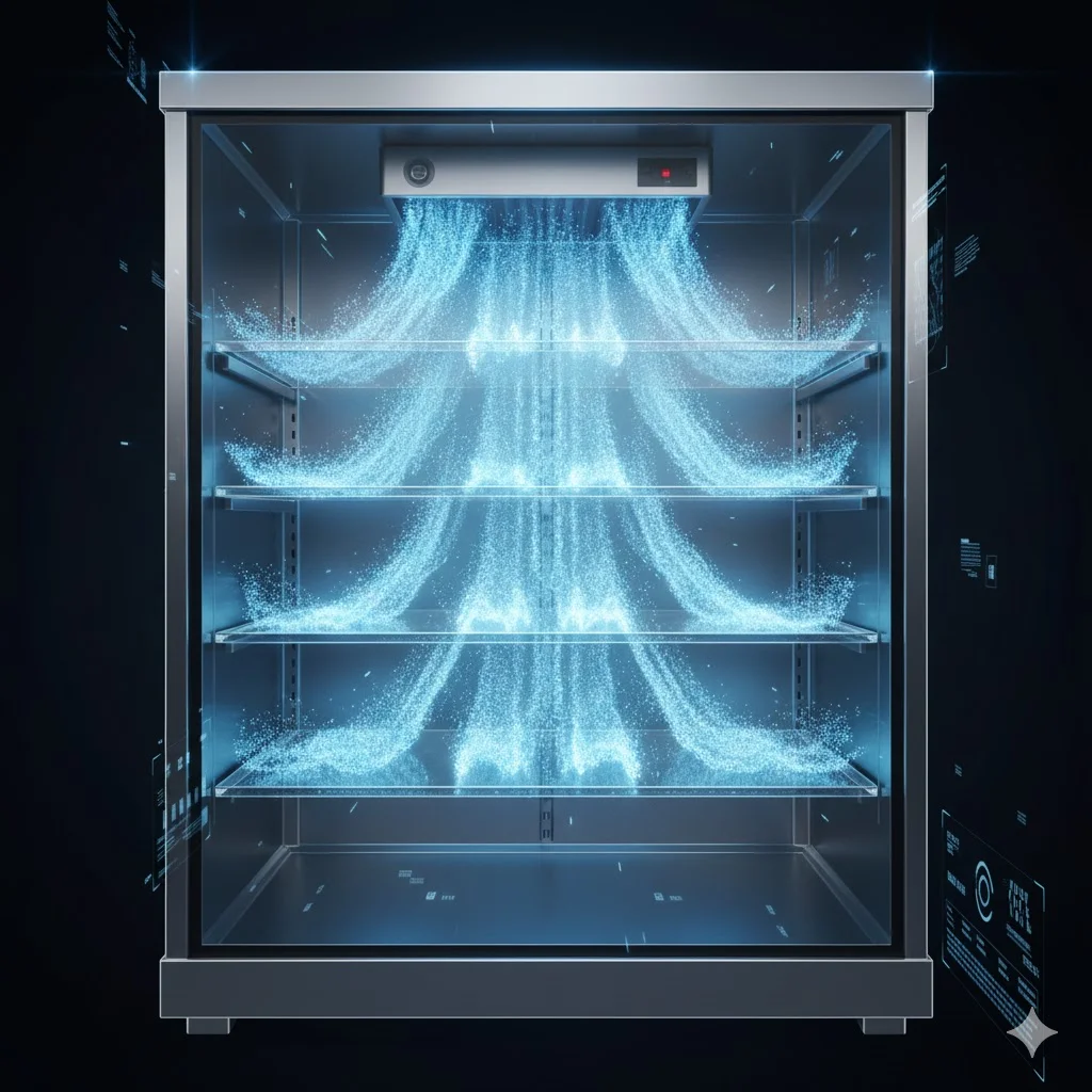 냉동고 내부의 냉기 흐름을 시각화한 기술적 그래픽 이미지