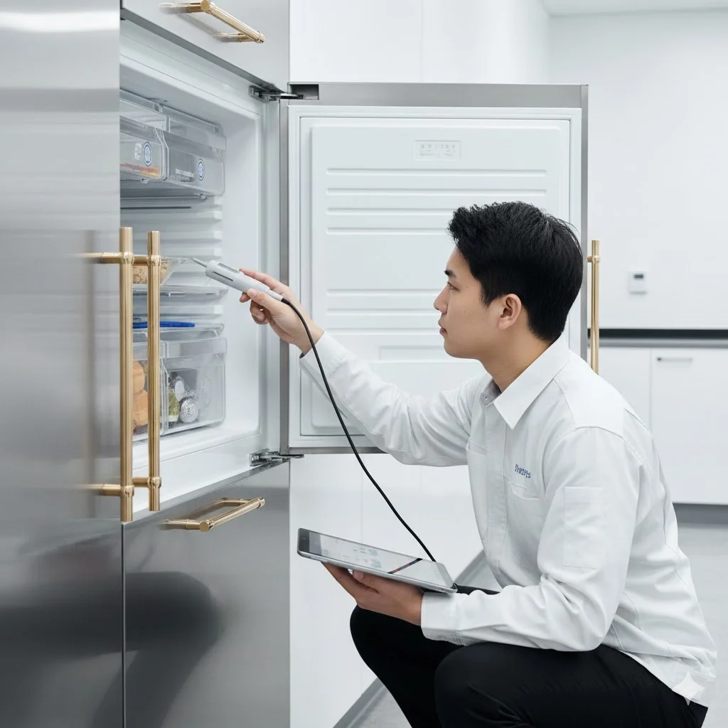 보존식 냉동고의 성능을 정밀 점검 중인 서비스 엔지니어.