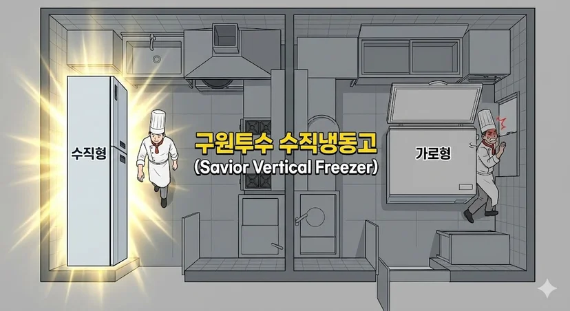 좁은 주방에서 통로를 확보하는 수직형 냉동고와 공간을 막는 가로형 냉동고의 평면도 비교