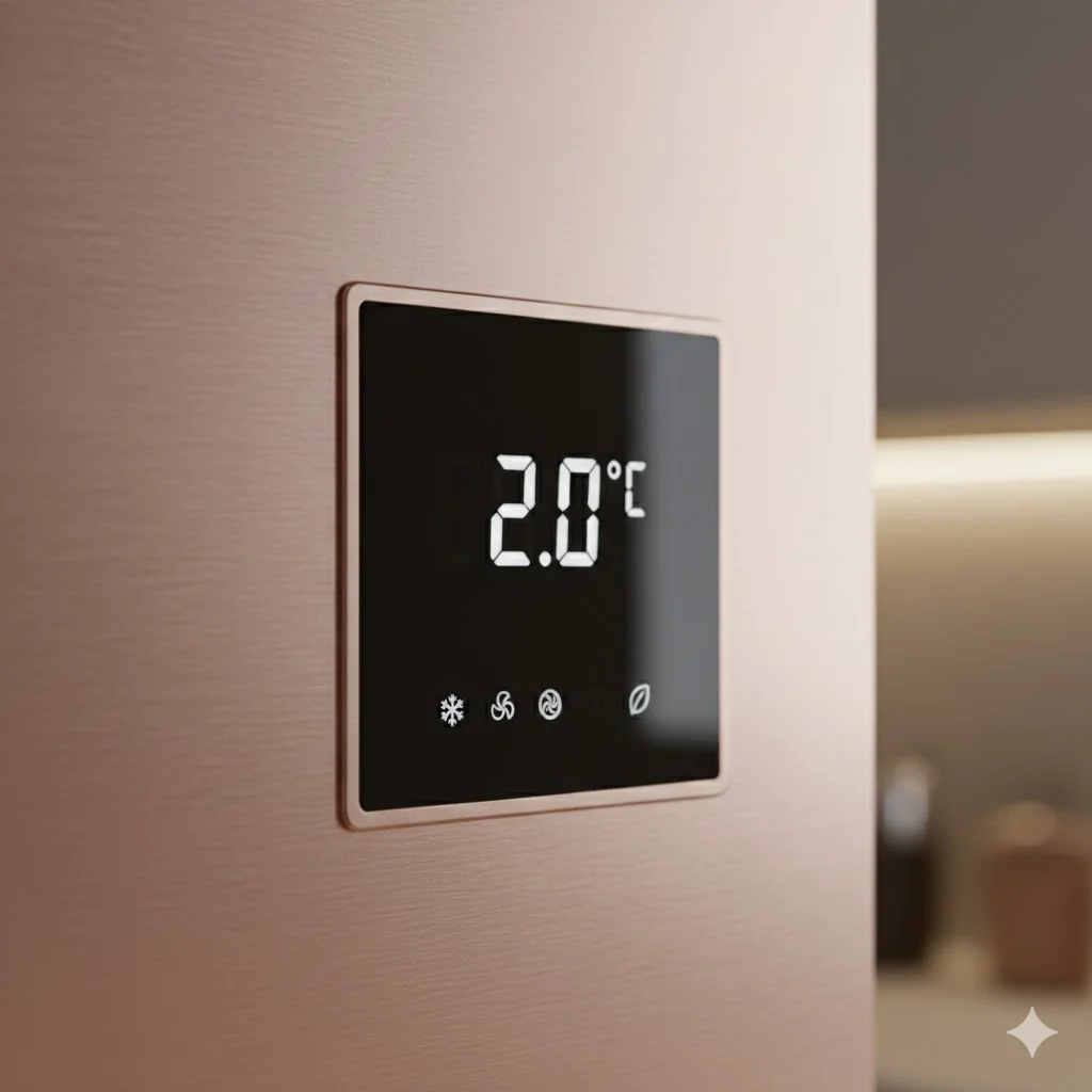 2도를 가리키는 쇼케이스 상단의 정밀 디지털 온도 컨트롤러.