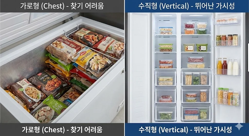 투명 서랍과 선반 구조로 식재료 가시성을 높여 선도 관리가 용이한 수직형 냉동고 내부