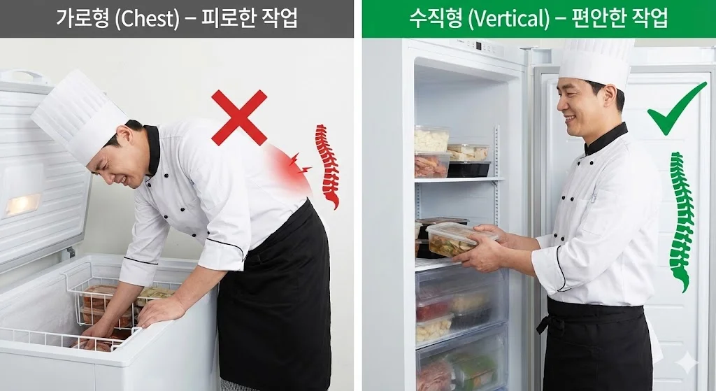 허리를 숙이지 않아도 되는 수직형과 깊이 숙여야 하는 가로형 냉동고의 작업 동선 및 피로도 비교