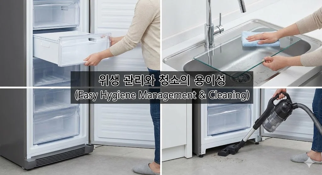 내부 선반 분리가 간편해 보이지 않는 곳까지 청결하게 유지 가능한 수직냉동고 위생 관리 장면