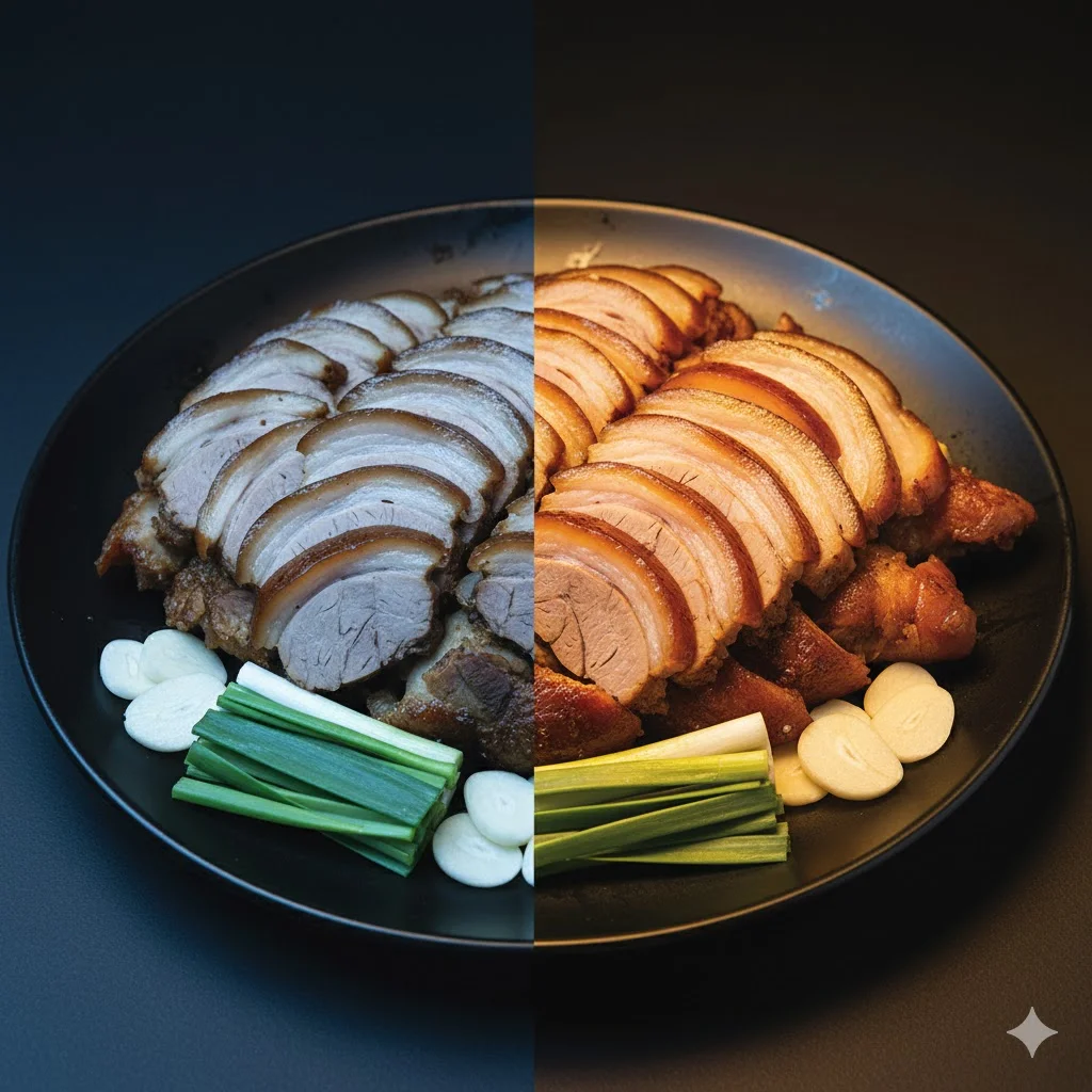 일반 조명과 하이엔드 조명 아래 족발 색감 차이 비교 이미지