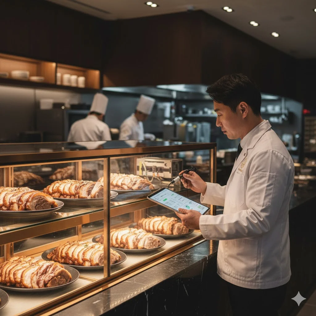 전문 장비로 쇼케이스 성능을 점검하고 있는 한국인 서비스 엔지니어.
