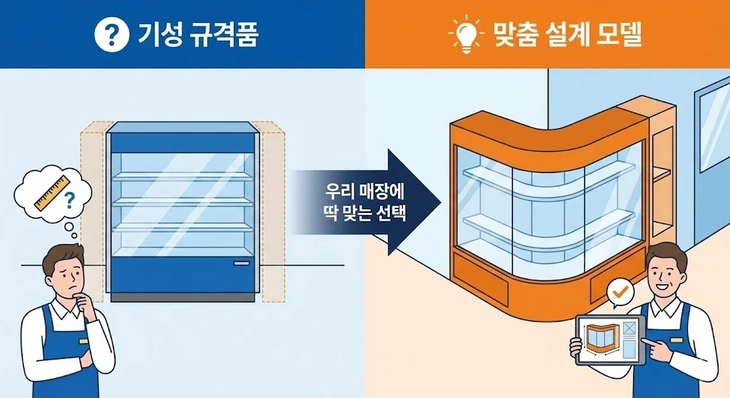 기성 규격품의 맞지 않는 문제점과 맞춤 설계 모델의 완벽한 공간 활용 및 매장 맞춤형 장점을 비교한 인포그래픽