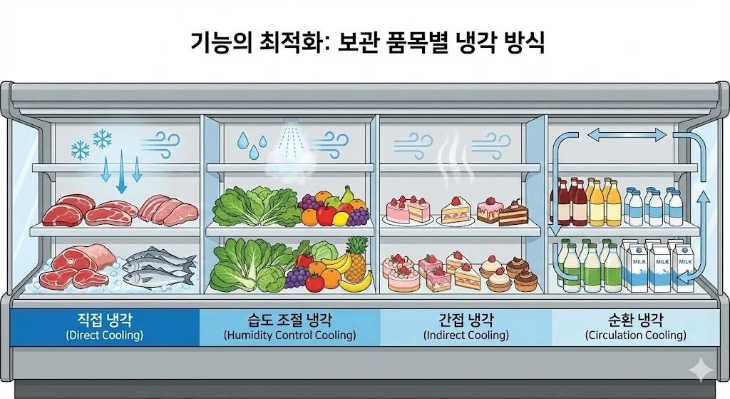 보관 품목에 따라 최적화된 냉각 방식(직접, 습도 조절, 간접, 순환)을 적용한 맞춤형 대형 쇼케이스 단면도