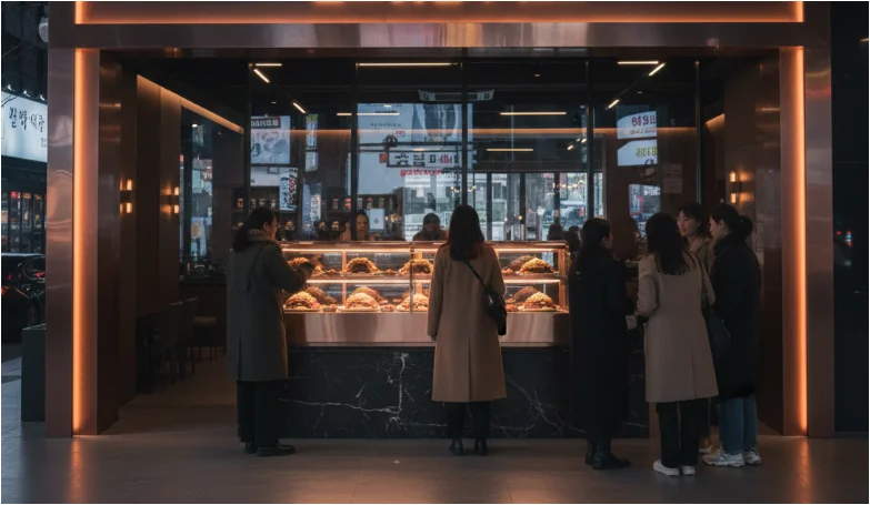 야간에도 시선을 사로잡는 화려한 조명의 족발 매장 외부 전경.