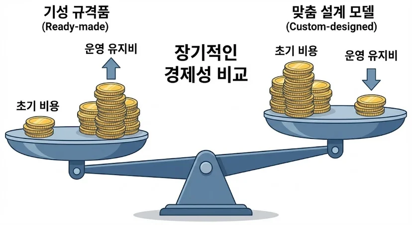 초기 비용과 운영 유지비 비교를 통해 기성품보다 장기적으로 더 경제적인 맞춤형 쇼케이스를 보여주는 저울 인포그래픽