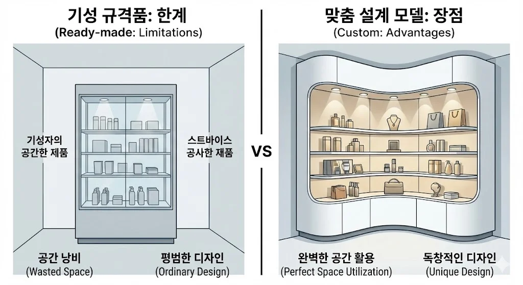 기성 규격품의 공간 낭비 및 평범한 디자인과 맞춤 설계 모델의 완벽한 공간 활용 및 독창적 디자인 비교 인포그래픽