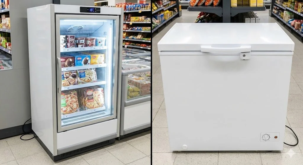 명한 유리 도어로 내부가 보이는 쇼케이스 냉동고와 뚜껑이 막혀있는 일반 형 냉동고의 외관 비교 모습