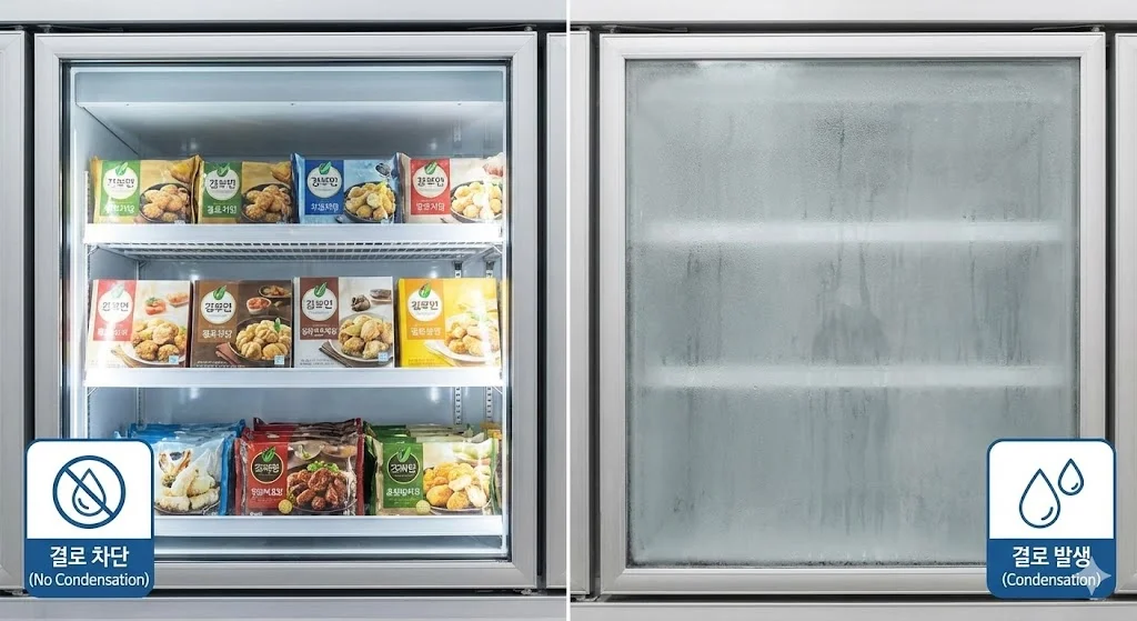 결로 차단 기술이 적용되어 내부가 선명하게 보이는 쇼케이스 냉동고 도어와 결로로 인해 뿌옇게 흐려진 일반 냉동고 도어의 비교 사진