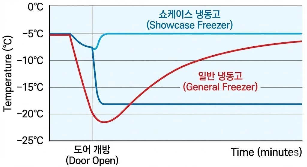 도어 개방 후 설정 온도까지 빠르게 복구되는 쇼케이스 냉동고와 느리게 복구되는 일반 냉동고의 온도 변화 비교 그래프