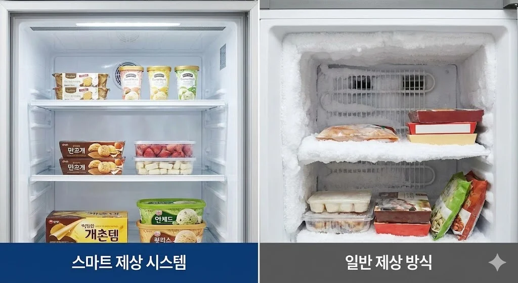 스마트 제상 시스템으로 성에 없이 깨끗하게 정돈된 쇼케이스 냉동고 내부와 일반 제상 방식으로 성에가 두껍게 낀 일반 냉동고 내부 비교