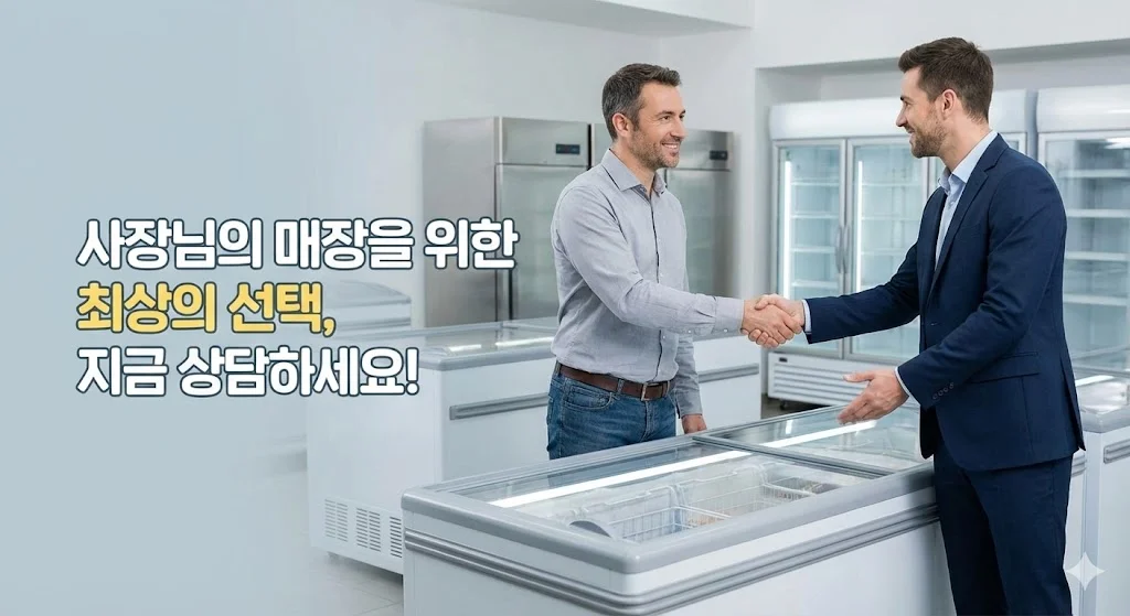 장기적인 관점에서의 매출 상승과 에너지 비용 절감을 상징하는 아이콘과 함께 쇼케이스 냉동고 앞에서 만족스럽게 악수하는 사업 파트너의 모습