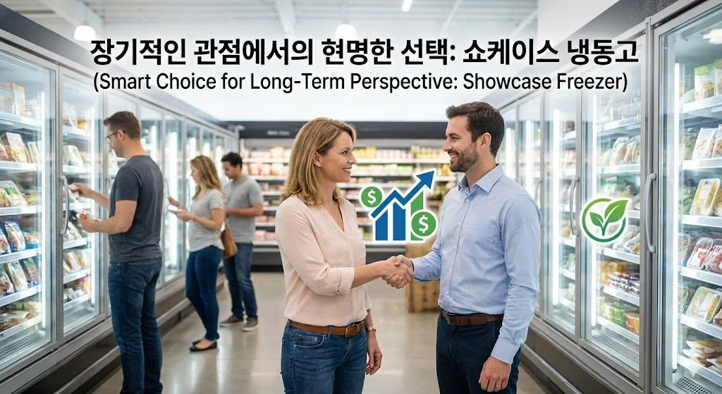 쇼케이스 냉동고가 진열된 쇼룸에서 사장님과 전문 판매 사원이 악수를 나누며 상담하는 모습