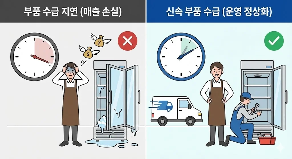 부품 수급이 지연될 때와 신속하게 이루어질 때의 상황을 대조적으로 보여주어, 부품 수급 속도가 매출과 운영에 미치는 영향을 시각화했습니다.