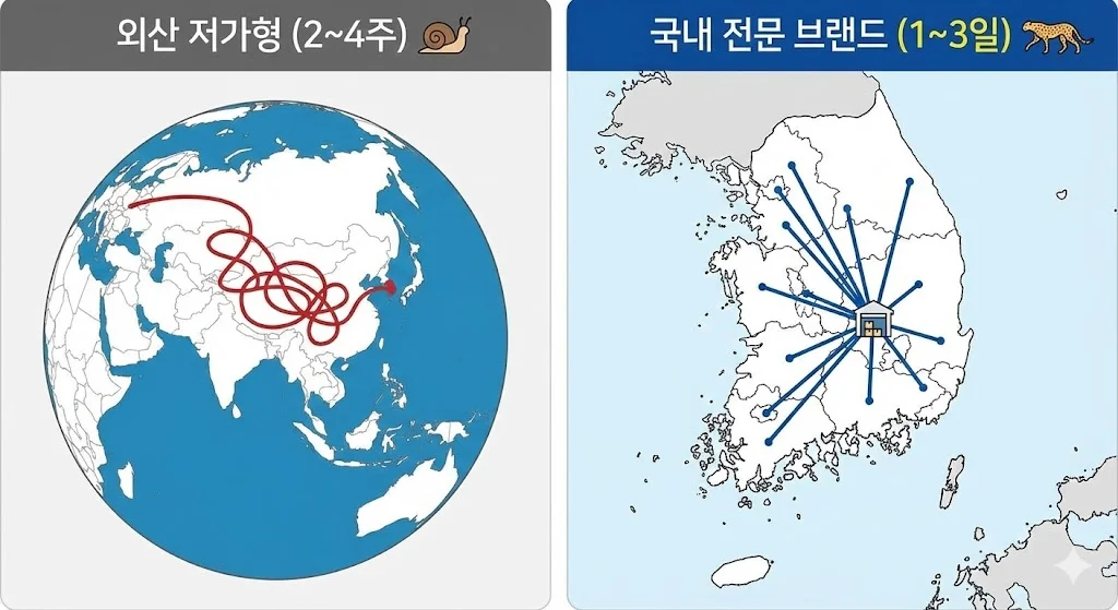 지도 인포그래픽을 통해 외산 저가형 브랜드의 긴 부품 조달 경로와 국내 전문 브랜드의 신속한 전국 배송망을 비교했습니다.