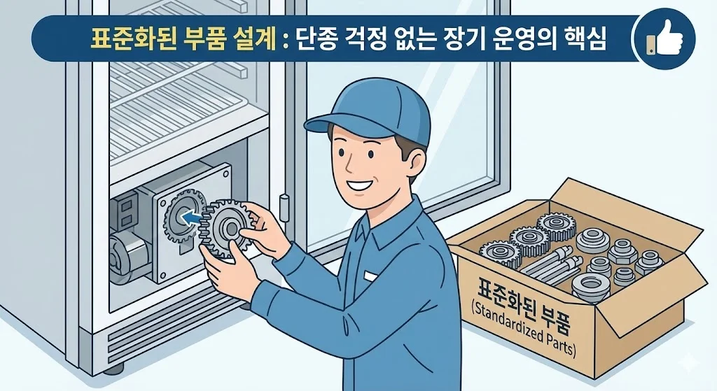 전국적인 AS 네트워크를 갖춘 브랜드가 주는 심리적 안정감을 표현했습니다. 촘촘한 서비스 망과 점주와 AS 기사의 악수 장면으로 신뢰를 보여줍니다.