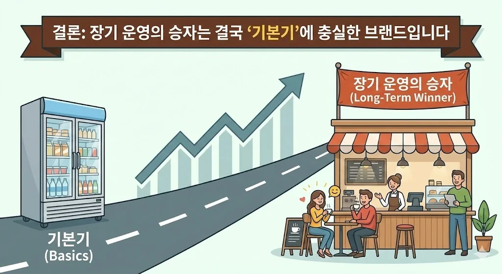 '기본기'가 탄탄한 냉장고를 선택하는 것이 장기적으로 성공적인 매장 운영으로 이어진다는 결론을 성공의 길을 따라가는 타임라인으로 표현했습니다.
