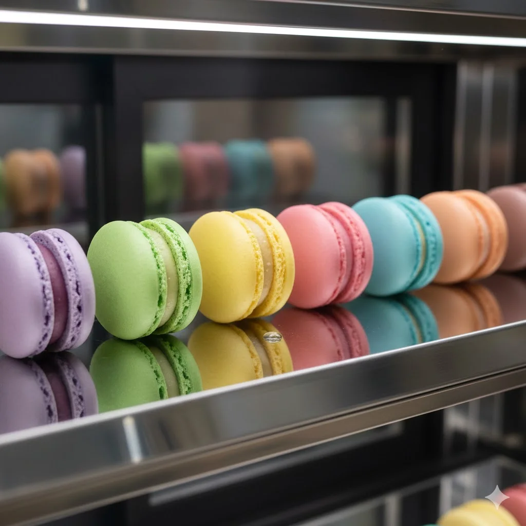 고연색성 조명 아래 선명한 색감의 마카롱 근접 사진.