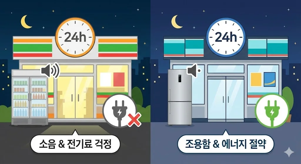 24시간 운영되는 편의점에서 구형 냉장고로 인한 소음과 전기료 걱정, 그리고 신형 저소음 고효율 냉장고로 인한 조용함과 에너지 절약 효과를 비교한 일러스트입니다.