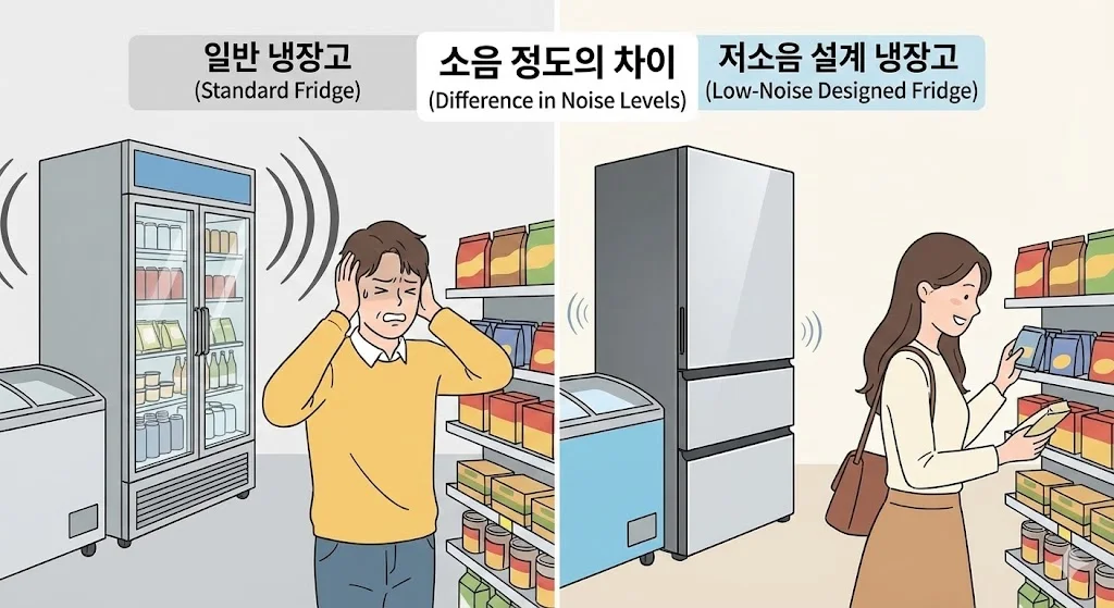 일반 냉장고의 큰 소음으로 괴로워하는 고객과 저소음 설계 냉장고 덕분에 편안하게 쇼핑하는 고객의 모습을 비교한 일러스트입니다.