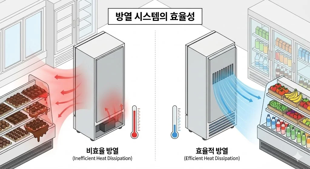 냉장고의 비효율적인 방열로 인해 주변 초콜릿이 녹는 모습과 효율적인 방열로 주변 상품이 신선하게 유지되는 모습을 비교한 다이어그램입니다.