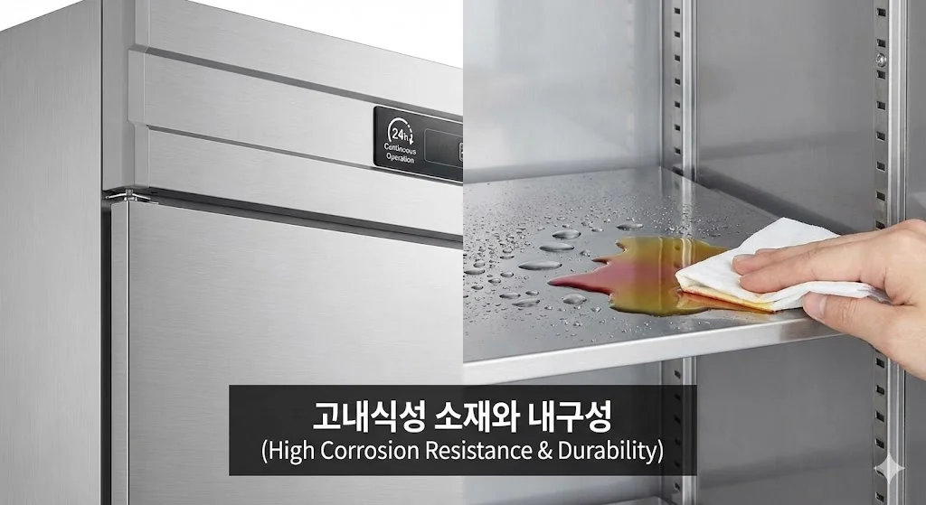 24시간 가동되는 상업용 냉장고의 스테인리스 스틸 내외부와 액체 흘림에도 부식되지 않고 쉽게 닦이는 고내식성 소재의 내구성을 보여주는 사진입니다.