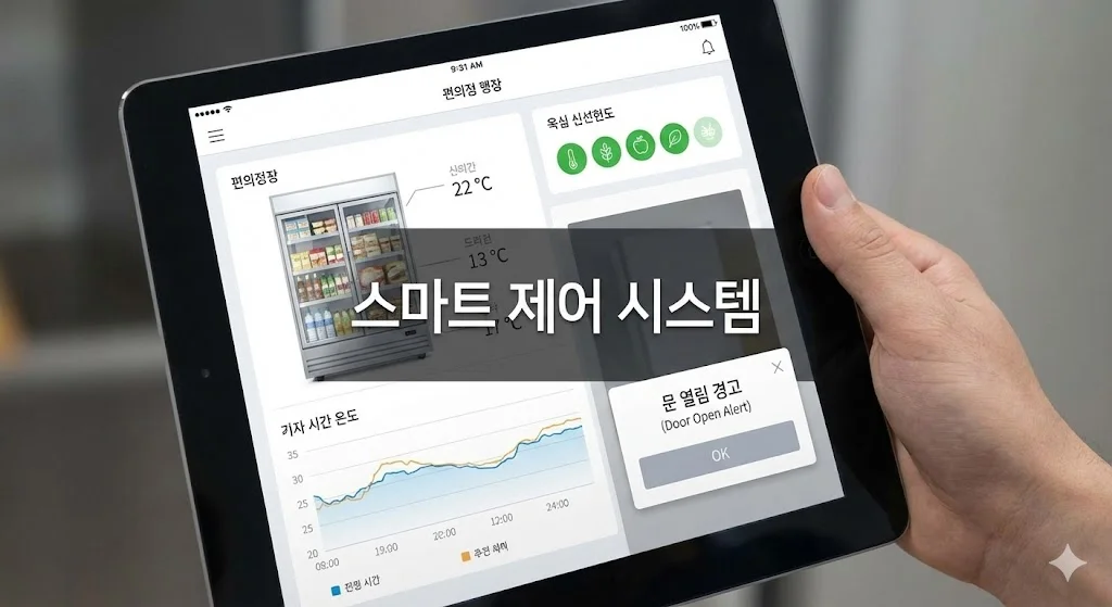 태블릿을 통해 편의점 냉장고의 실시간 온도, 신선도, 문 열림 경고 등을 원격으로 모니터링하고 관리하는 스마트 제어 시스템의 화면을 보여주는 사진입니다.