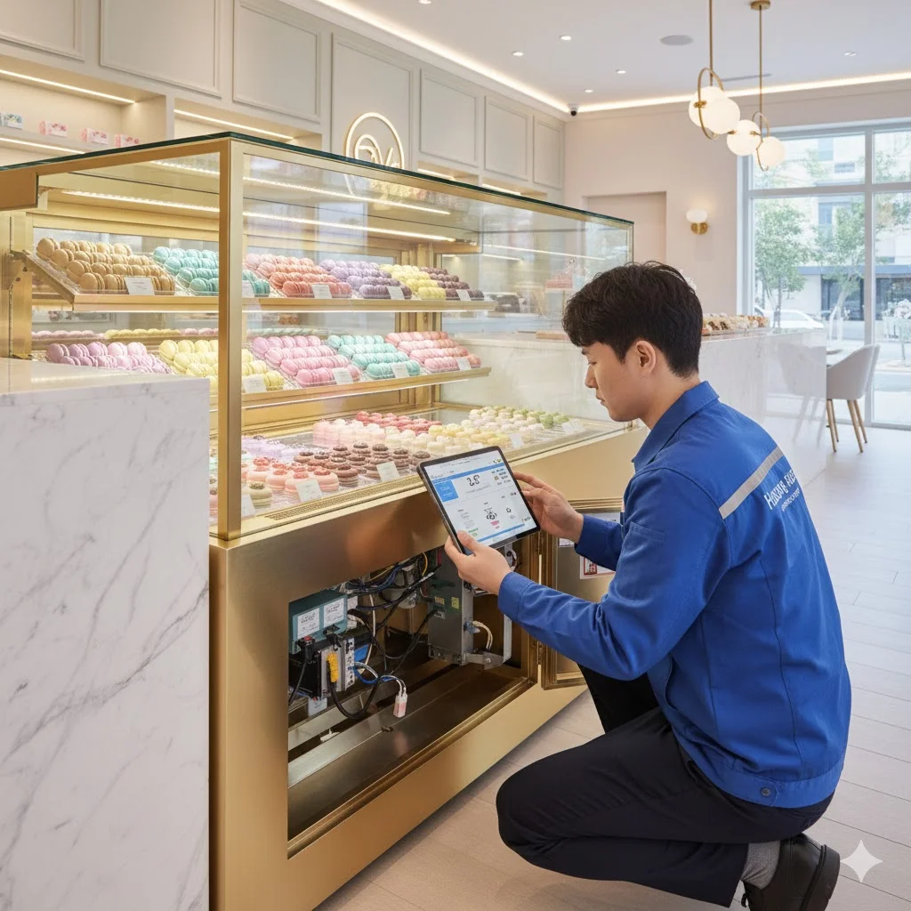 쇼케이스를 정밀하게 점검하고 있는 한국인 엔지니어.