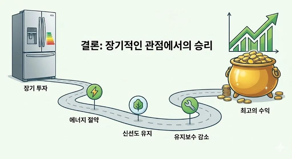 고효율 냉장고에 대한 장기적인 투자가 에너지 절약, 신선도 유지, 유지보수 감소를 통해 결국 최고의 수익으로 이어진다는 것을 보여주는 로드맵 일러스트입니다.