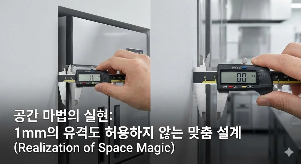 주방 벽면에 1mm의 오차 없이 완벽하게 밀착 설치되어 공간 낭비를 줄인 맞춤형 냉장고 시공 사례
