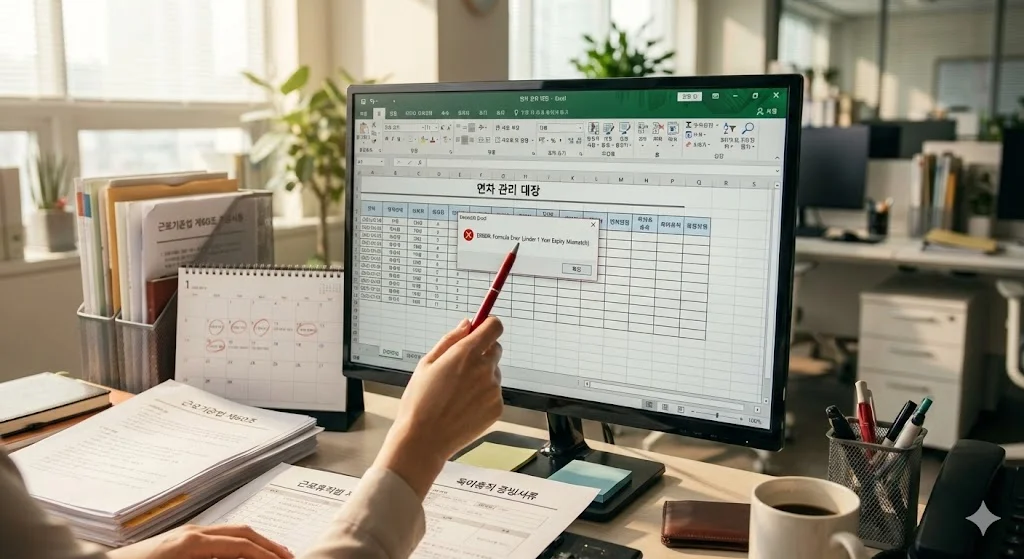 엑셀로 만든 연차 관리 대장이 다양한 로직과 변경 사항을 반영하지 못하고 오류가 난 모습입니다. 사무실 책상 화면