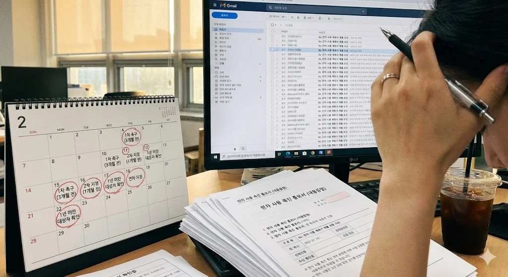 직원별 연차 소멸 현황을 운영하느라 고민하고 있는 인사담당자의 모습입니다. 왼쪽엔 일정이 표기된 캘린더가 있고 오른쪽에 연차 파일이 있으며, 촉진 서류를 보며 머리를 짚고 있습니다.