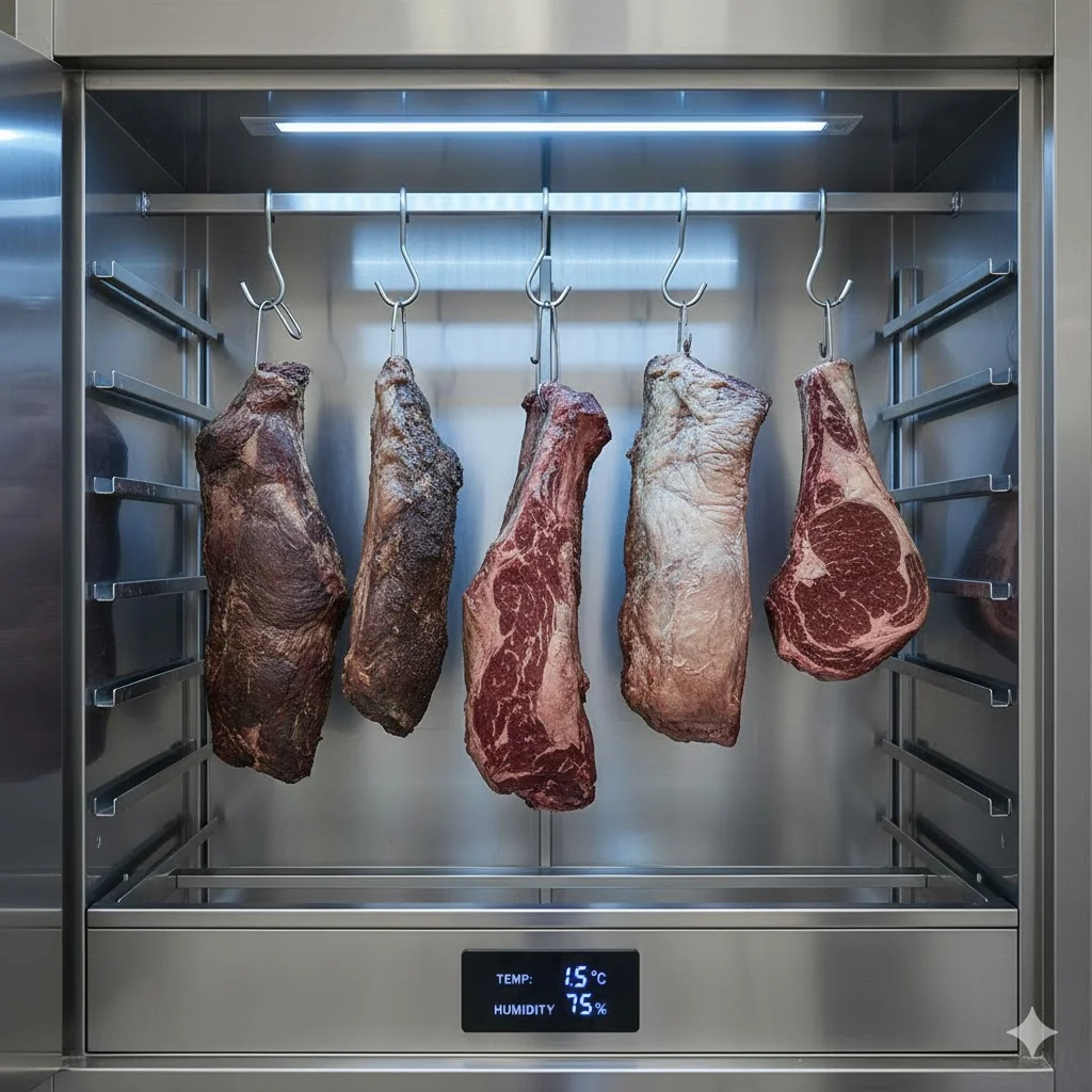 UV-C 살균 램프가 켜진 내부에서 깊게 에이징되고 있는 고품격 원육의 질감 컷.