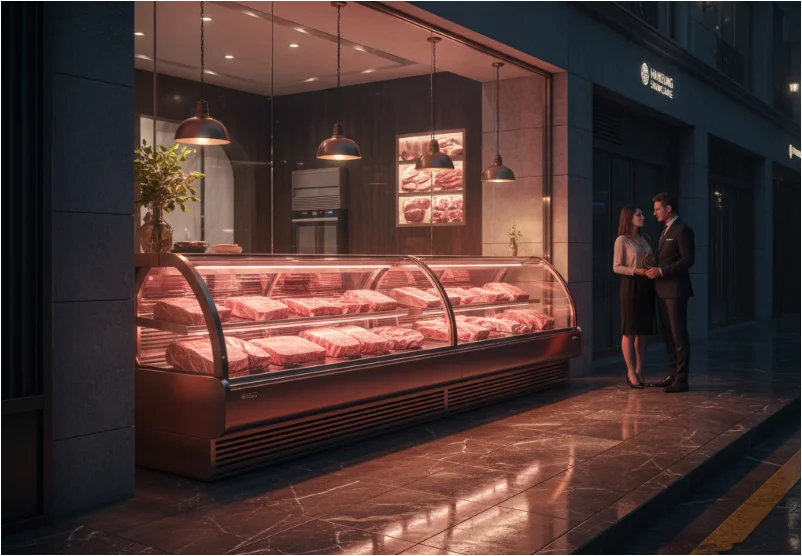 밤거리를 밝히는 보석함 같은  고기 쇼케이스가 설치된 럭셔리 부티크 정육점 전경.