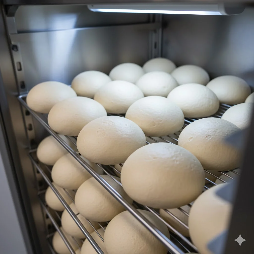 냉장고 내부에서 최상의 상태로 숙성 중인 피자 도우들.