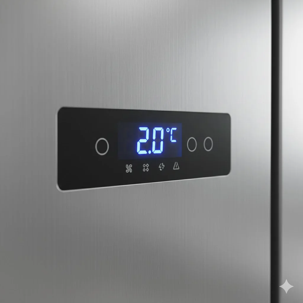 피자냉장고의 정밀한 온도 조절을 위한 디지털 제어 패널 상세 컷.