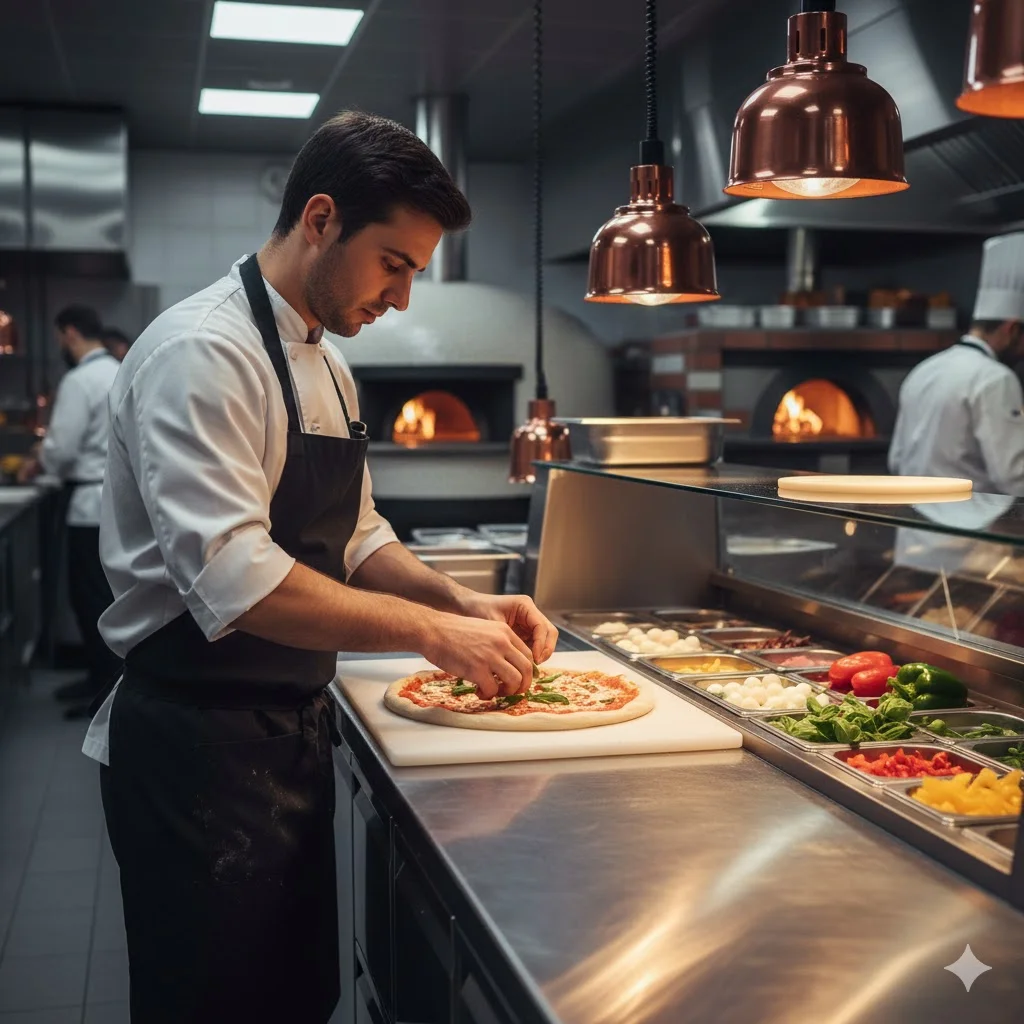 피자냉장고 상판에서 피자를 제조하고 있는 셰프의 모습.