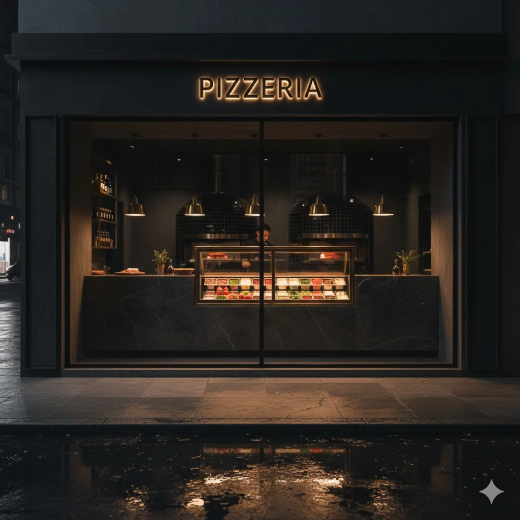 야간 매장 외부 유리를 통해 보이는 화려한 골드 피자냉장고.