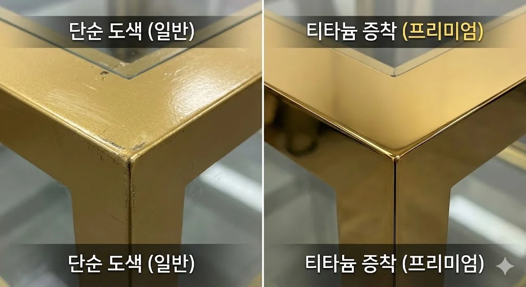 골드 쇼케이스 표면의 거친 단순 도색 마감과 거울처럼 매끄러운 프리미엄 티타늄 증착 마감을 비교한 확대 사진