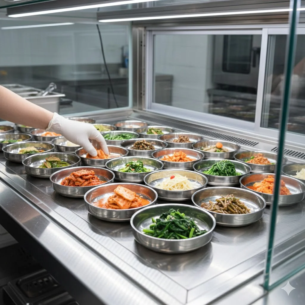 주방장이 위생적으로 반찬쇼케이스를 정리하는 모습.