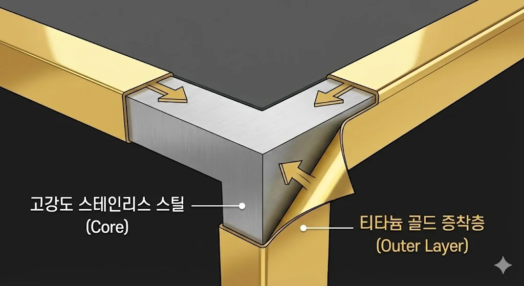 고강도 스테인리스 스틸 코어 위에 두꺼운 티타늄 골드 증착층이 강력하게 결합된 쇼케이스 프레임의 견고한 단면 구조 그래픽
