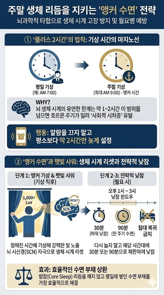 주말 생체 리듬 유지를 위한 앵커 수면 전략 모바일 인포그래픽. 상단에는 평일 기상 시간 대비 주말 기상 시간을 최대 2시간 이내(예: 오전 7시에서 9시)로 제한하는 '플러스 2시간의 법칙'을 시각화. 하단에는 오전 9시 기상 직후 창문을 열어 햇빛을 쐬고, 부족한 잠은 오후 1시에서 3시 사이에 30분 혹은 90분 단위의 낮잠으로 보충하는 구체적인 행동 루틴을 설명. 월요병 예방과 수면 부채 상환을 위한 뇌과학적 솔루션 도표